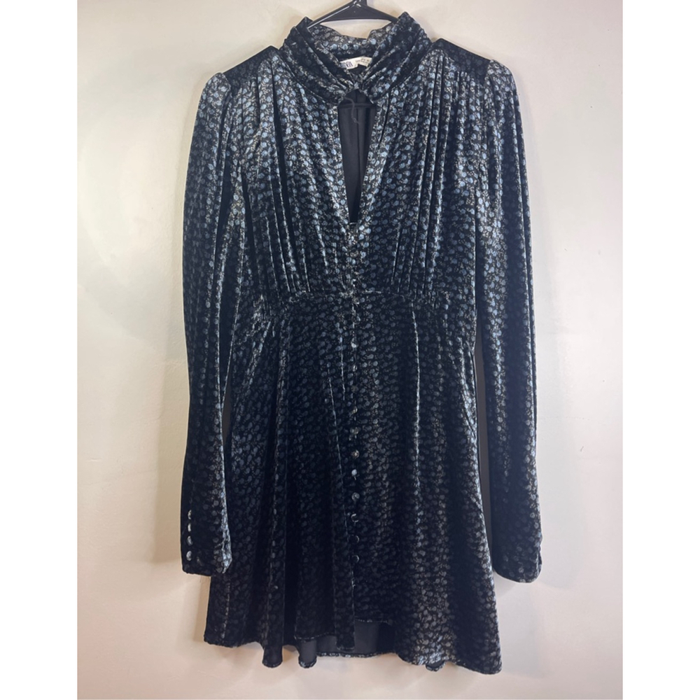 ZARA Women’s Black & Blue Floral Long Sleeve velour Dress Size Medium #201